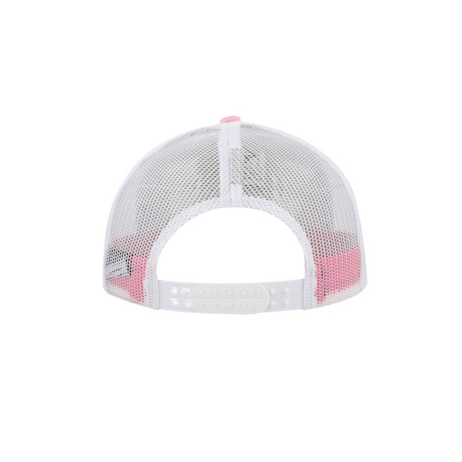 A white mesh trucker cap with a pink underside and an adjustable snapback closure. Features a logo on the back.