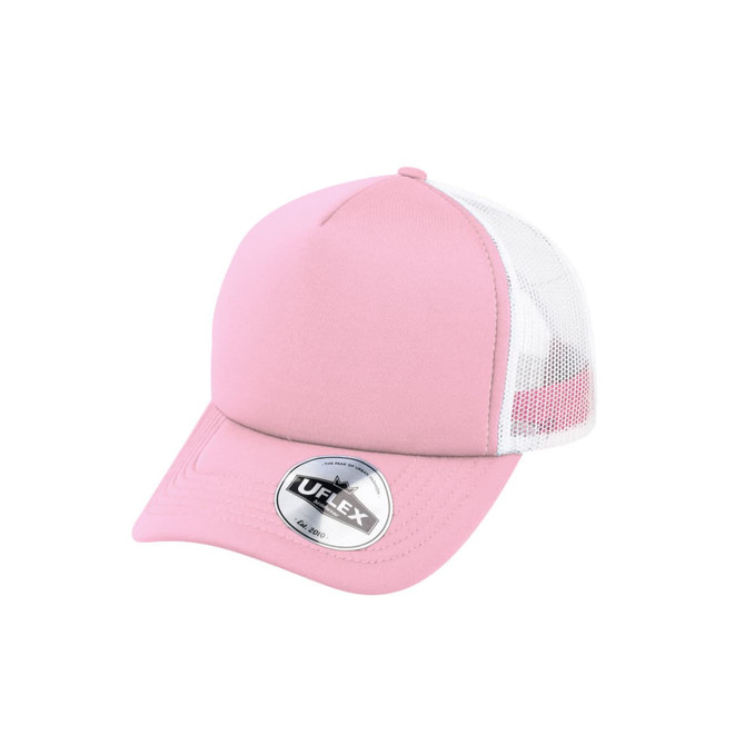 A pink UFlex Snap Back Trucker cap with a mesh back and a logo on the front.