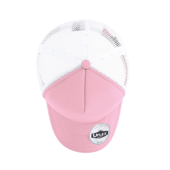 A pink trucker cap with a white mesh back and a circular logo on the front.
