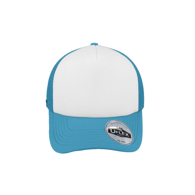A trucker cap featuring a white front panel and blue mesh sides. It includes a logo on the side.