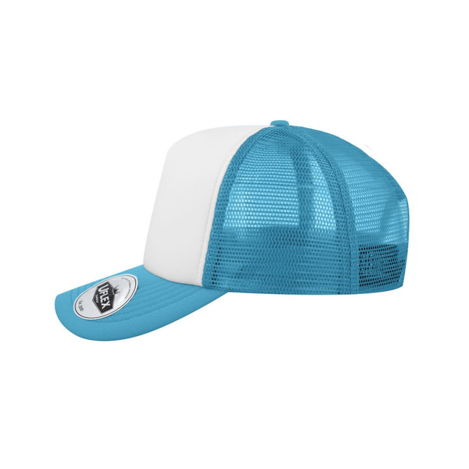 A blue and white trucker cap featuring mesh panels and a logo on the brim.