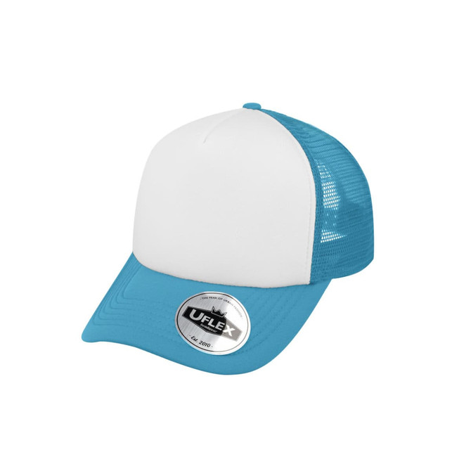 A blue and white trucker cap featuring a mesh back and a circular logo on the front.