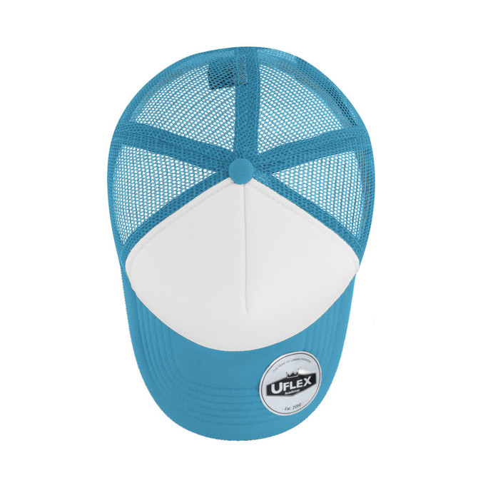 A trucker cap featuring a blue mesh design with a white front panel and a logo label on the side.