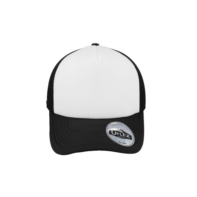 A black and white trucker cap featuring a logo and a flat brim design.