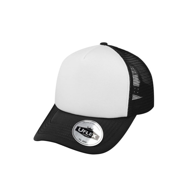 A black and white trucker cap with a structured front and mesh sides, featuring a logo on the front.