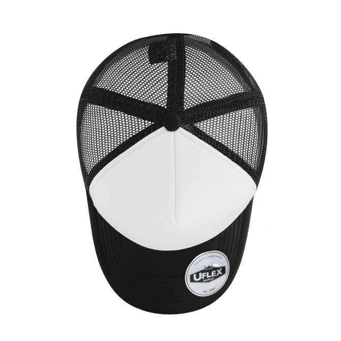 A black and white trucker cap with a mesh back and an adjustable snap closure. It features a logo.