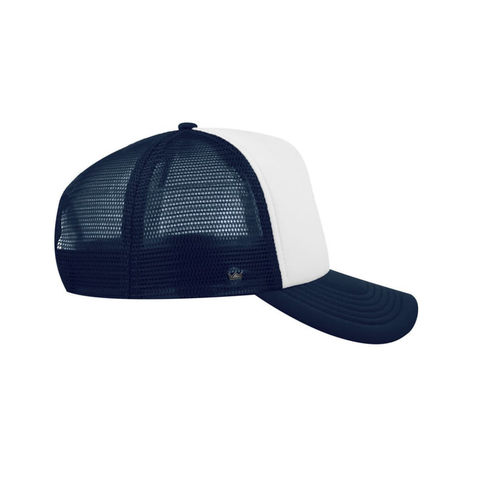 A navy and white UFlex Snap Back Trucker cap with mesh detailing and a logo on the side.