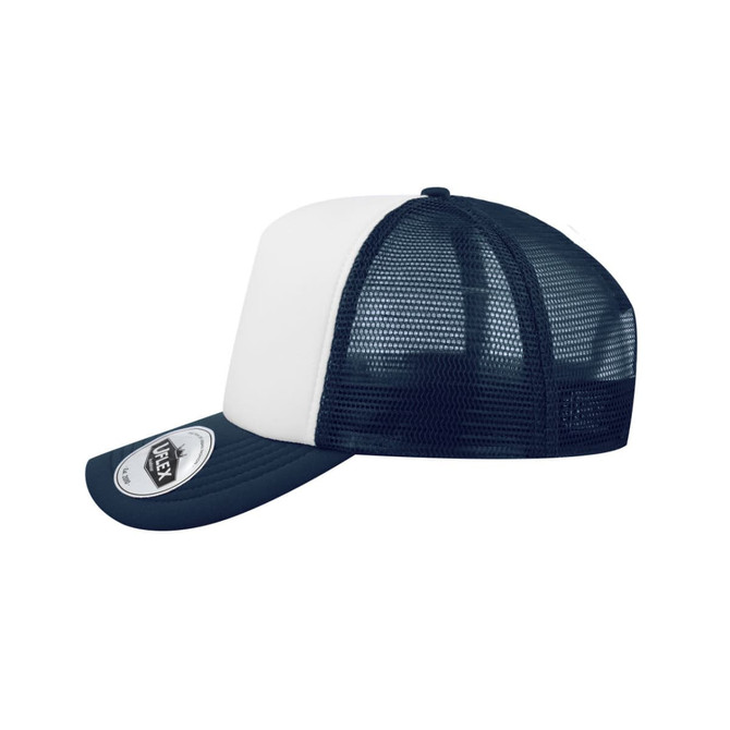 A navy and white trucker cap with a mesh back and a branded patch on the front.