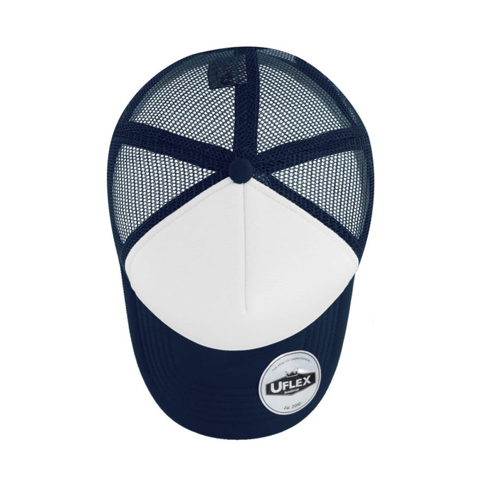 A navy and white trucker cap featuring a mesh back and a circular logo on the front.