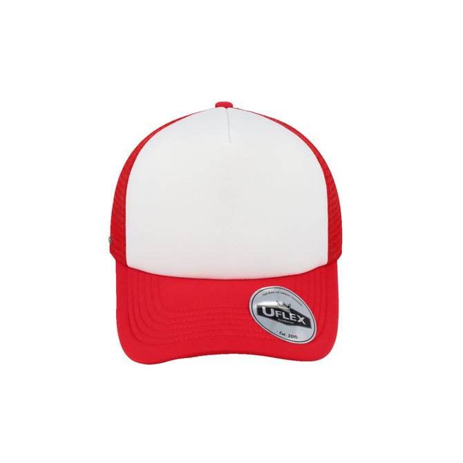 A red and white UFlex Snap Back Trucker cap with a mesh back and a logo on the side.