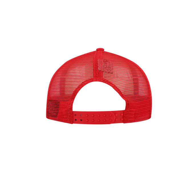 A red trucker cap featuring a mesh back and an adjustable snap closure. It has a logo on the side.
