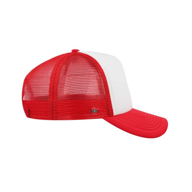 A red and white UFlex Snap Back Trucker cap with a mesh design and a branded logo.