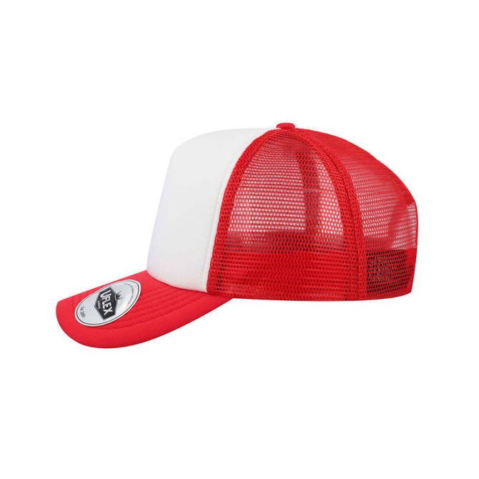 A red and white UFlex Snap Back Trucker cap with a mesh back and a branded logo on the side.