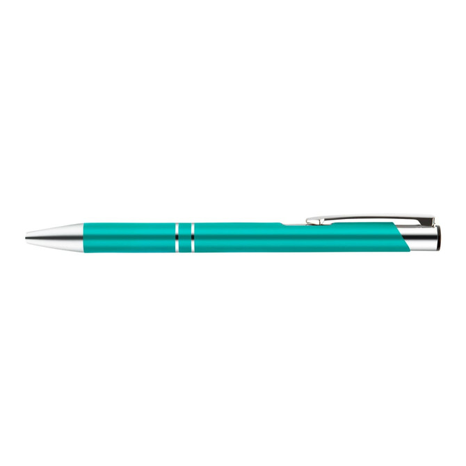 A metal pen in a vibrant turquoise color with silver accents.