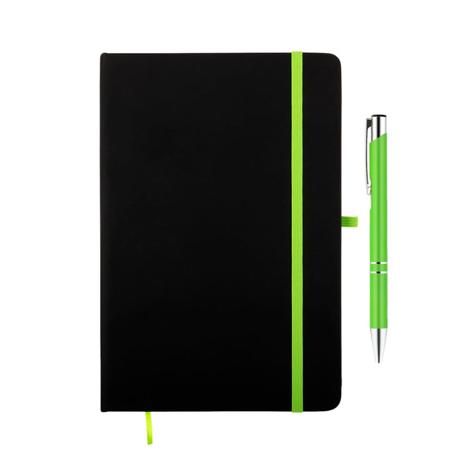 A black notebook with a green elastic band and a matching green pen. The notebook features a logo.