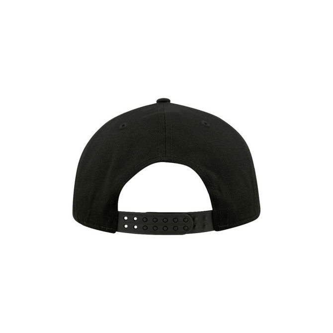 A black five-panel snapback cap featuring a strap closure and a logo on the back.