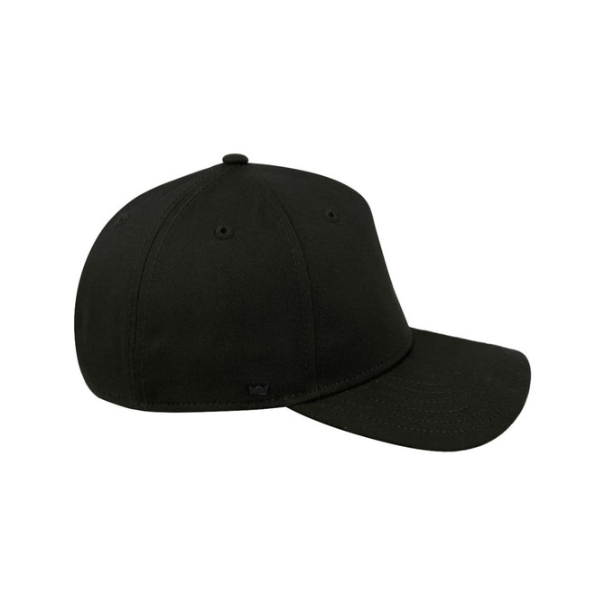 A black five-panel snapback cap featuring a logo. The cap has a curved peak and ventilation holes.