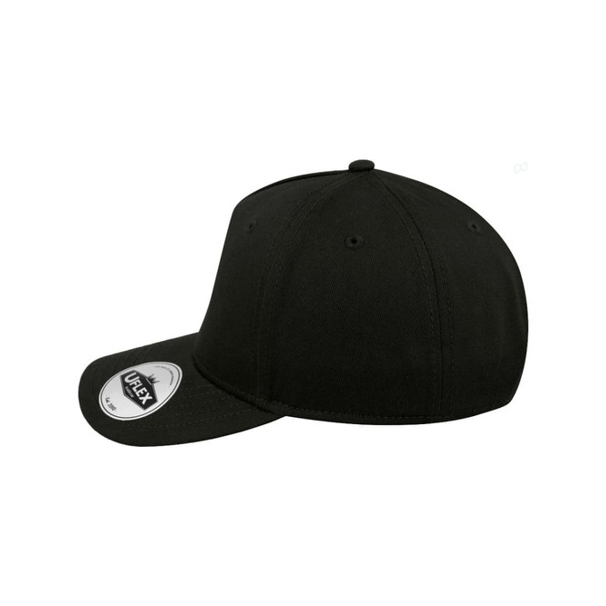 A black snapback cap with a flat brim and a branding logo on the side.