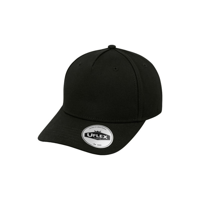 A black UFlex Adults Pro Style 5 Panel Snapback cap with a round crown and curved brim, featuring a logo.