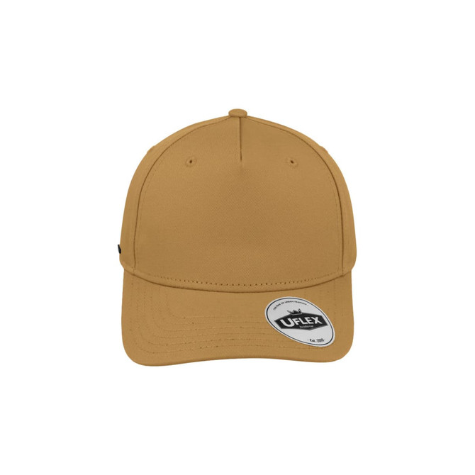 A khaki 5-panel snapback cap with a structured design and a logo on the side.