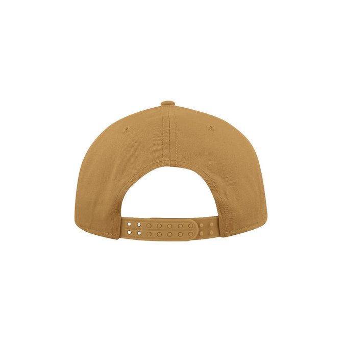 A tan UFlex Adults Pro Style 5 Panel Snapback cap with a snap closure at the back and a logo detail.