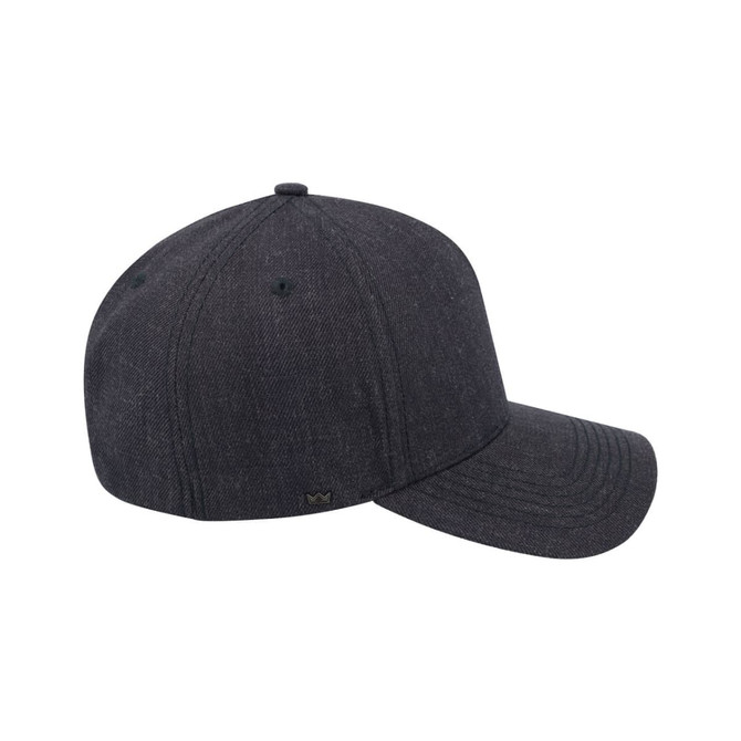 A dark grey five-panel snapback cap with a curved brim and a small logo on the side.
