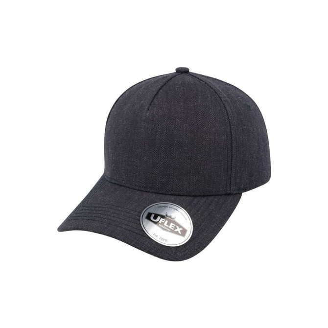 A dark grey snapback cap with a rounded crown and a branded label on the side.