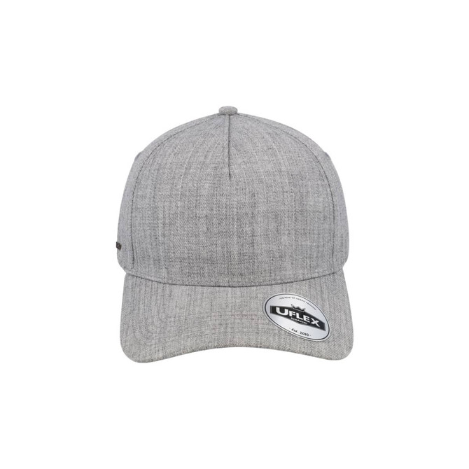 A grey five-panel snapback cap with a textured finish and a logo on the side.
