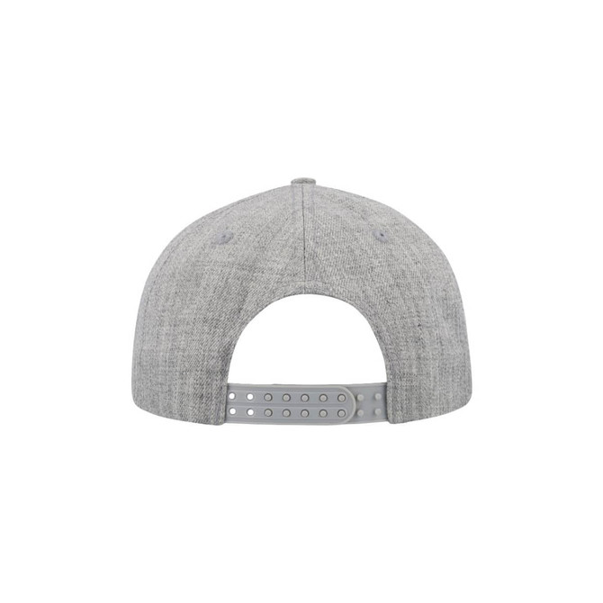 A grey snapback cap featuring a 5-panel design and an adjustable strap at the back with a logo.