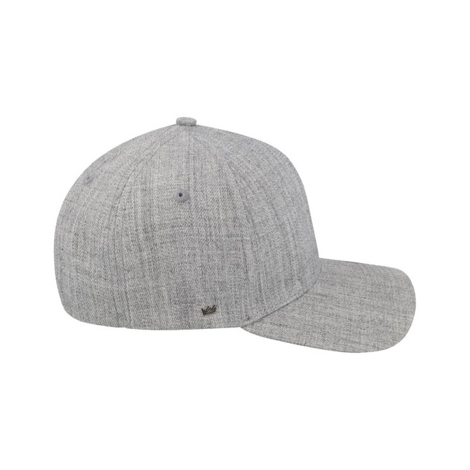 A grey 5-panel snapback cap with a fitted style and a small logo on the side.