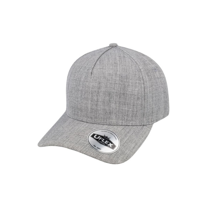 A grey five-panel snapback cap with a slightly textured fabric and a logo on the front.