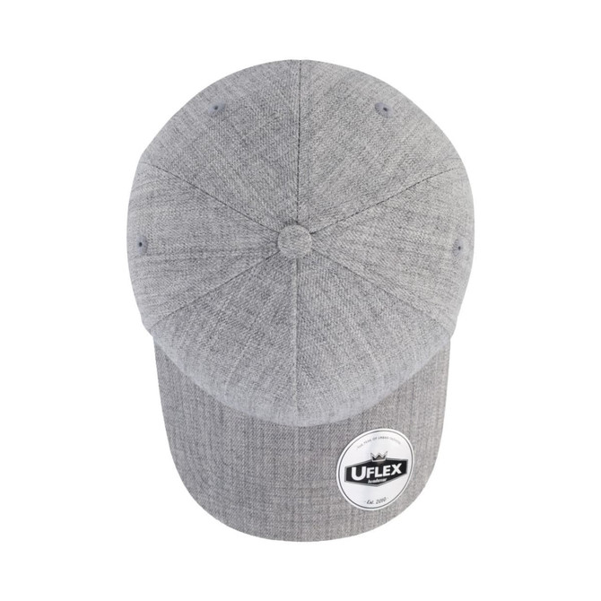 A grey 5-panel snapback cap featuring a round top and a logo on the side.