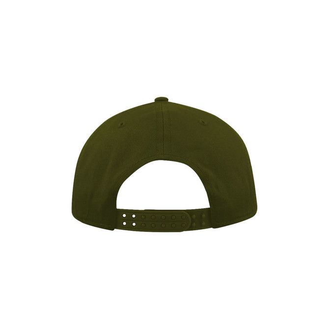 A dark green five-panel snapback cap featuring a rear adjustable strap and a logo.