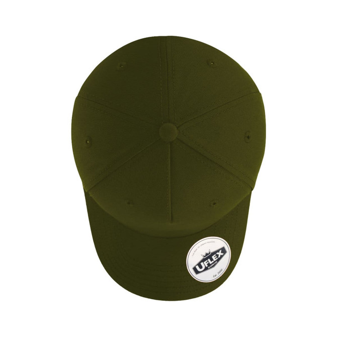 A dark olive green snapback cap featuring a round button on top and a logo tag on the side.