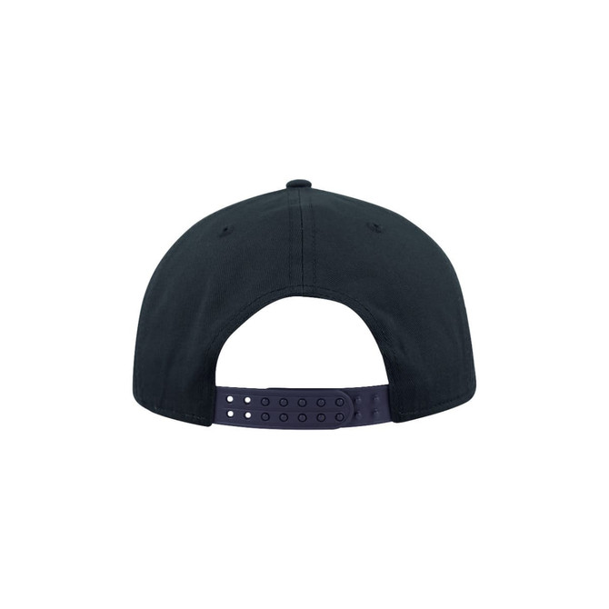 A black snapback cap featuring a solid design and an adjustable strap at the back.