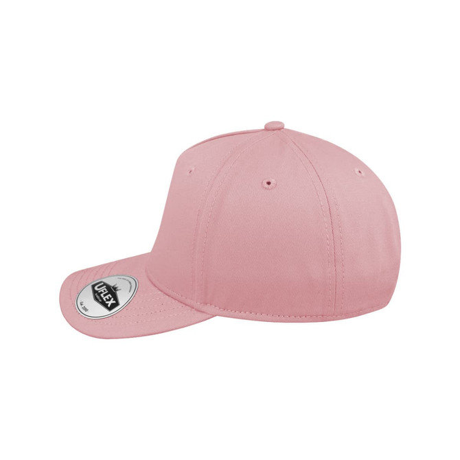 A pink UFlex Adults Pro Style 5 Panel Snapback cap with a curved visor and a branded logo.