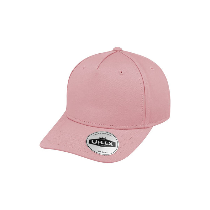 A pink UFlex Adults Pro Style 5 Panel Snapback cap with a circular logo.