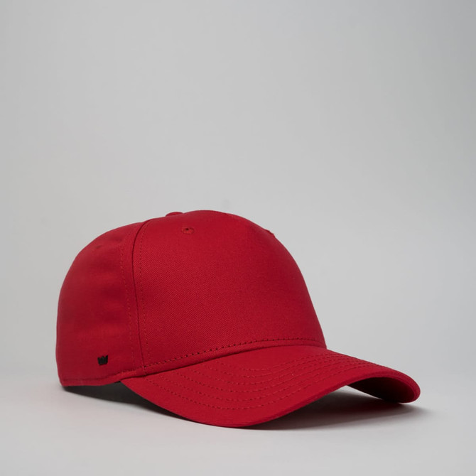 A red snapback cap with a black underside on the brim, featuring a logo. Ideal for casual wear.