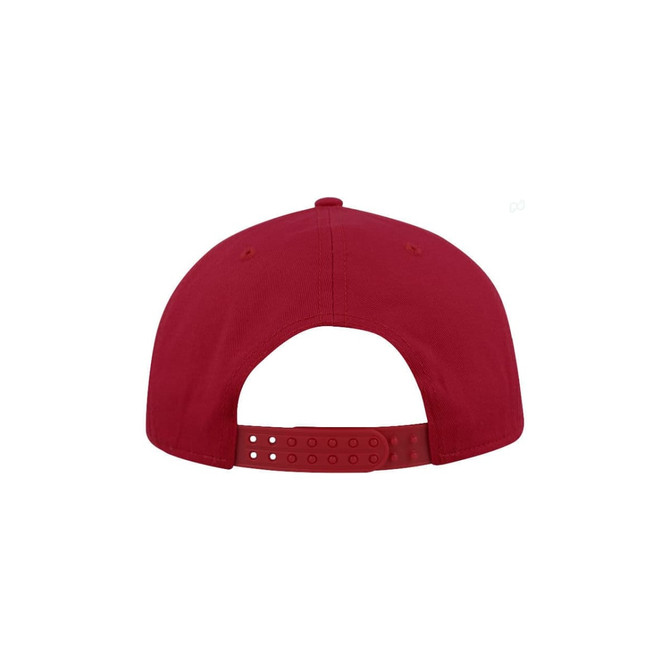 A red snapback cap featuring a flat brim, adjustable strap, and a minimalist design on the back.