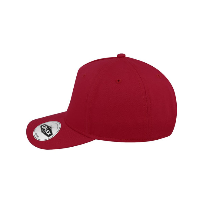 A red five-panel snapback cap with a circular logo on the side.