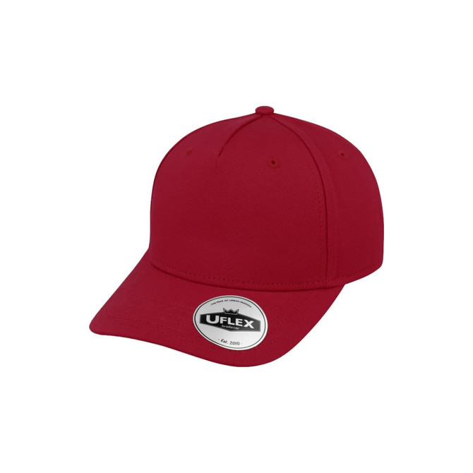 A red UFlex Adults Pro Style 5 Panel Snapback cap featuring a logo on the front.