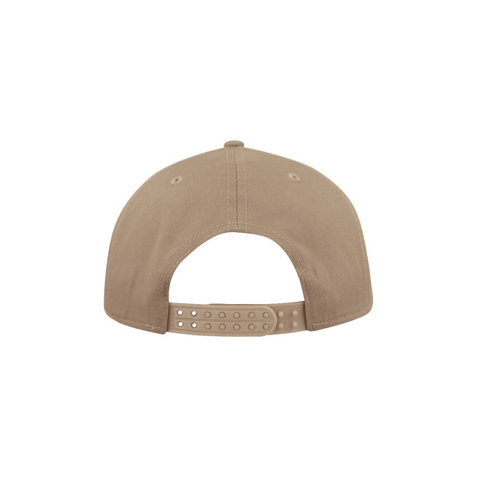 A tan snapback cap with a five-panel design and a plastic adjustable strap at the back. It has a logo.