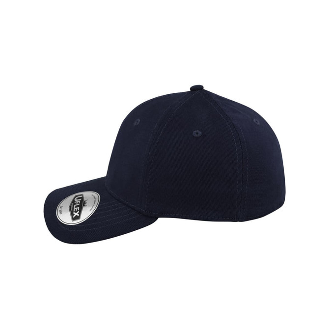A navy blue fitted cap with a six-panel design, featuring a logo on the side.