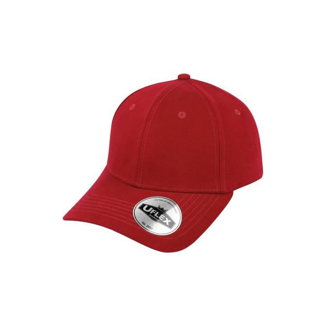 A red fitted cap with six panels and a logo, showcasing a simple and classic design.