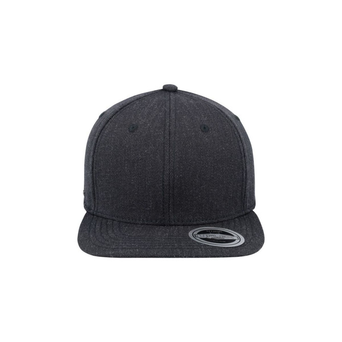 A fitted cap in dark grey with a flat peak and six-panel design, featuring a logo on the side.