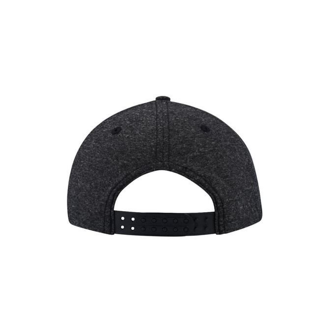 A grey snapback cap featuring a black adjustable strap and ventilation eyelets. It has a logo on the back.