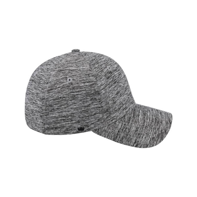 A grey, textured, six-panel snapback cap with a branding logo on the side.