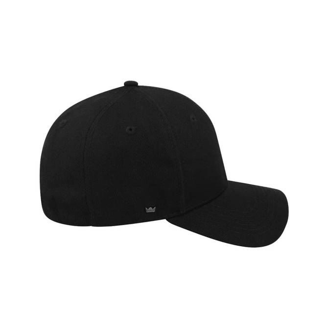 A black six-panel snapback cap featuring a logo. Suitable for casual wear.