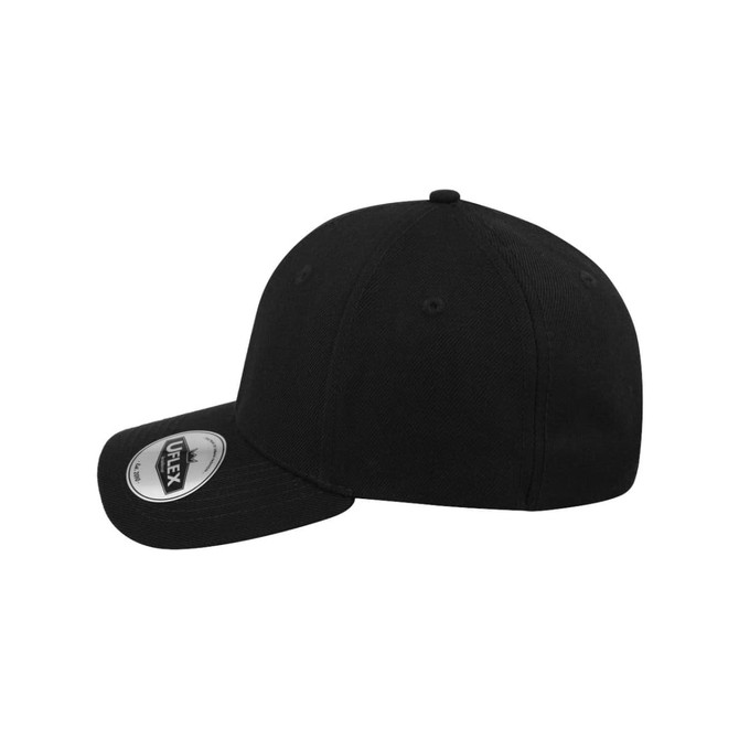 A black six-panel snapback cap featuring a logo on the front and prominent stitching details.