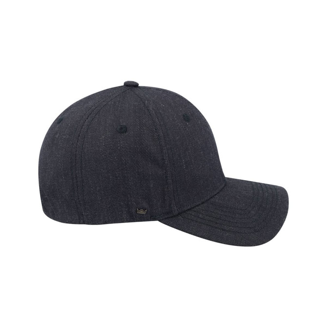 A dark grey snapback cap featuring a six-panel design and a logo on the side.